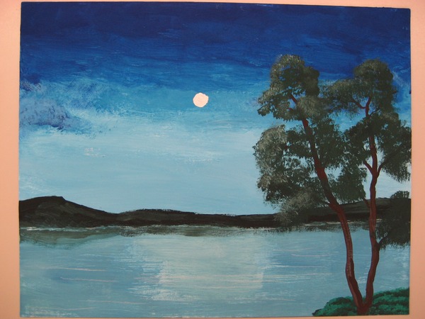 der Vollmond widerspiegelt sich im Wasser, ein Baum im Vordergrund