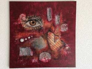 Bild gemalt von Christina Rösli. Es ist ein abstraktes blutrotes Bild mit einem menschlichen Auge obenlinks.